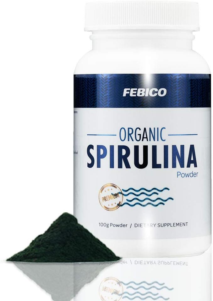 Premium espirulina orgânica em pó- Vegan, Enriquecido complexo vitamina B12, Phycocianina, Impulso de energia, Não-GMO, Sem glúten e não-irradiado, USDA, Naturland, Halal Certified-100g