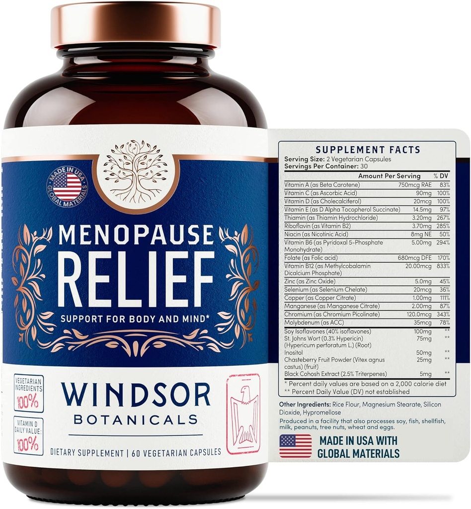 Suplementos de menopausa para as mulheres - Windsor Botânicas Multivitamin com Chastebrry, Cohosh preto para flashes quentes, alívio de menopausa e equilíbrio hormonal para as mulheres - 60 Pílulas de Estrogênio Natural Progesterona
