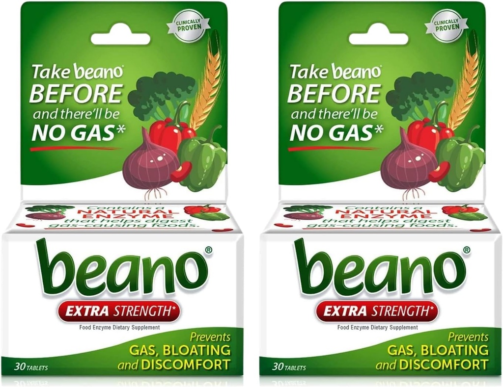 Beano Extra Força, Prevenção de Gás e Enzima Digestiva Suplemento, 30 Contagem (Pacote de 2)