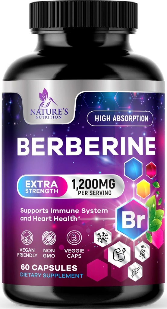 Berberine HCL 1200mg Suplemento - Berberine HCI Cápsulas Suplemento de alta absorção para saúde do coração e suporte imunológico, Alta resistência, Sem glúten, Vegan, Pílulas não-GMO - 60 Cápsulas Veggie