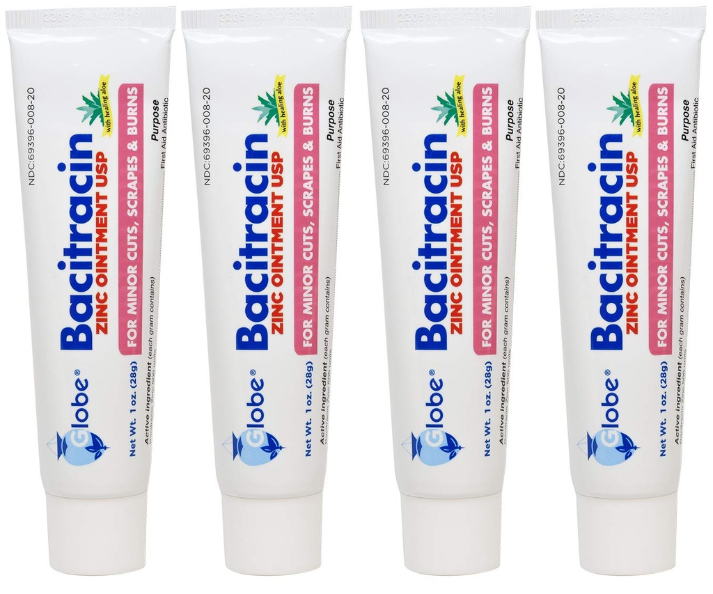 (4 Pack) Globo Bacitracina Zinco Pomada + Aloe 1 oz, Antibiótico Pomada, Antibiótico Essential Primeiros Socorros Suprimentos, Ação de Cura, Potência Antibiótica Máxima, evita a infecção em cortes, arranhões, queimaduras