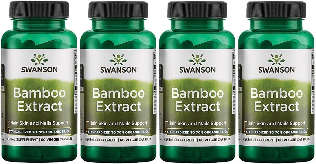 Swanson Bamboo Extract - Natural Hair, Skin and Nails Supplement - 70% Sílica Content Suportando Formação de Colágeno e Crescimento Osso - (60 Veggie Cápsulas, 300mg Cada) 4 Pack