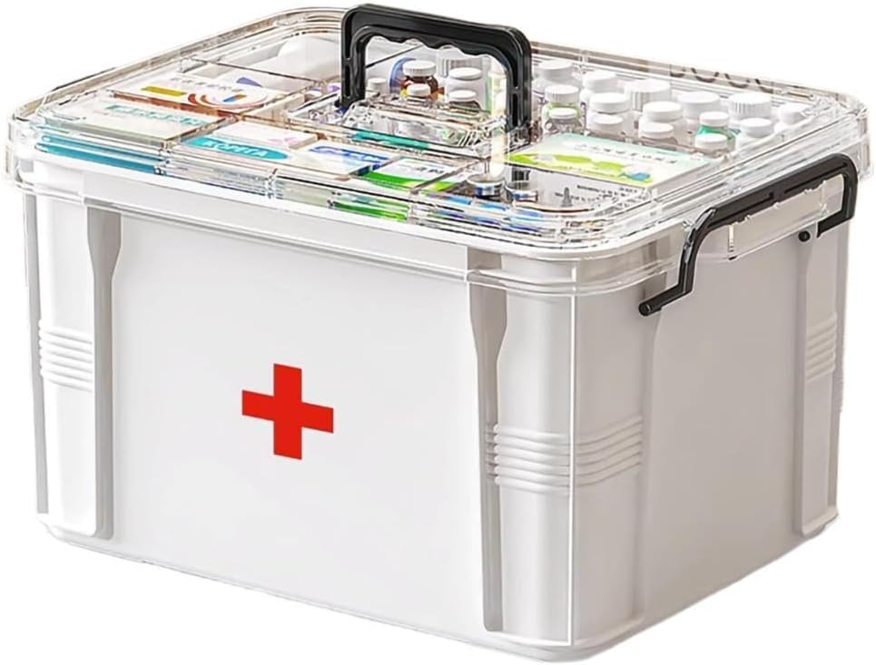 Caixa de armazenamento de medicamentos, Organizador de garrafas de pílulas, Compartimento duplo, Transparente, Grande Capacidade, Branco