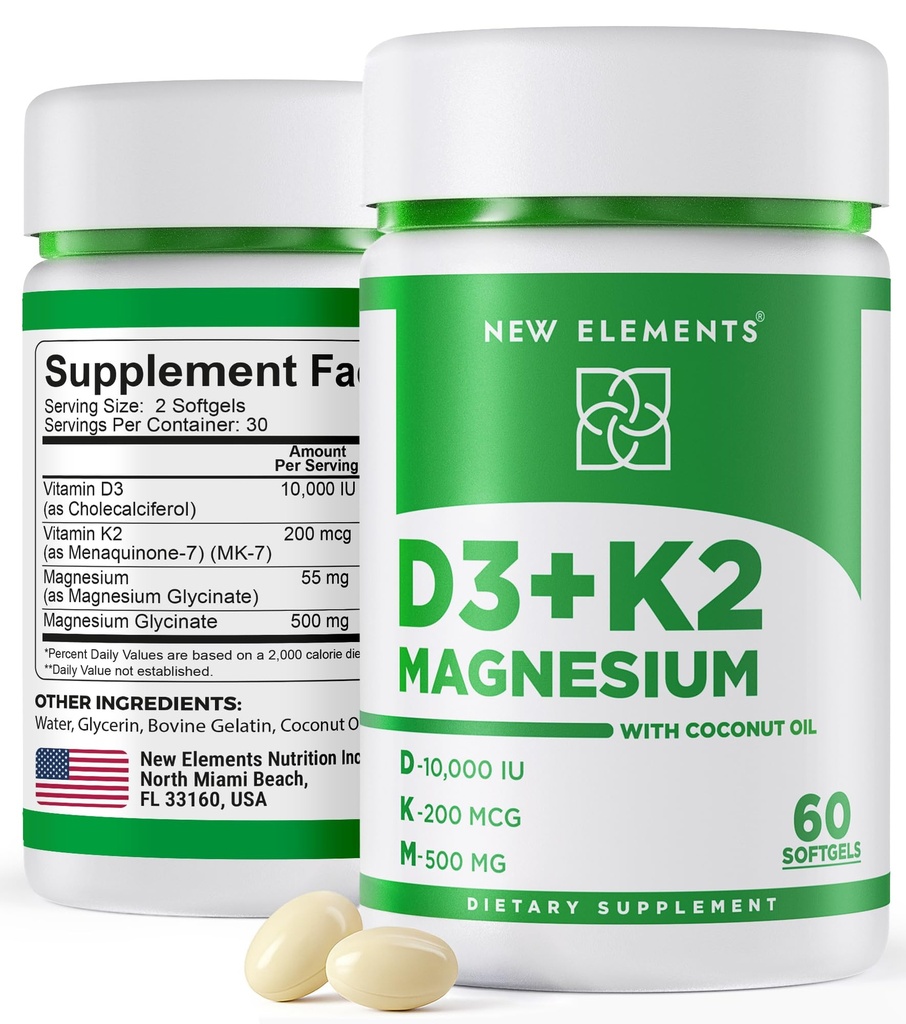 Novos elementos Vitamina D3 K2 10.000 UI com glicinato de magnésio 500mg - Saúde óssea, Suporte imunológico, Energia e humor - Não-GMO, Glúten-livre, Sugar-free Softgels para mulheres e homens (60 softgels)