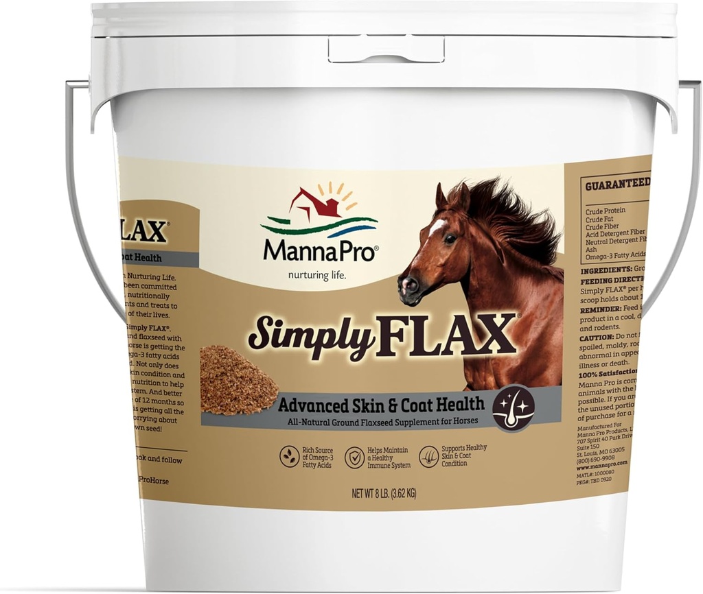 Manna Pro Simple Flax for Horses – Ômega-3 Rich Flaxseed Supplement – Suporta a Saúde do Revestimento, Função Conjunta & Sistema Imune – Fonte Natural de Ácidos Gordura Essenciais – Linho Terrestre – 8 lb Bag