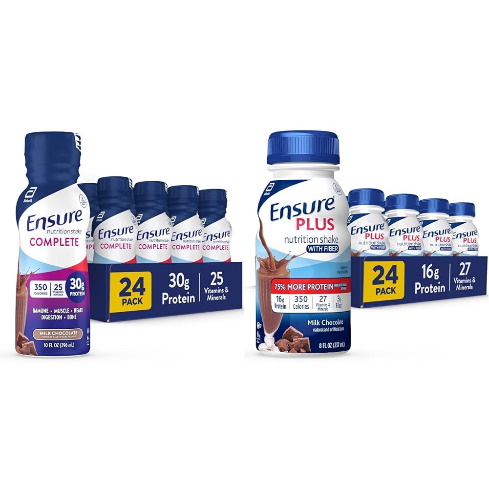 Assegure-se de Shake Nutrição Completa & Garanta Shake Nutrição Plus Com Fibra, 16 Grams de Proteína, Líquido de Substituição de Refeição, Chocolate Leite, sem glúten, 8 Fl Oz (Pacote de 24)