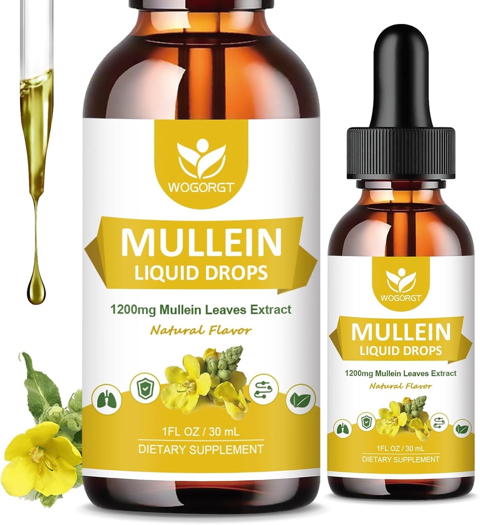 4-em-1 Mullein deixa gotas de extrato para pulmões - Suporte respiratório e pulmões limpar, Mullein Suplementos líquidos com Elderberry, Marshmallow Root & Orange Peel, sabor natural, 1 Fl Oz (2 pacote)