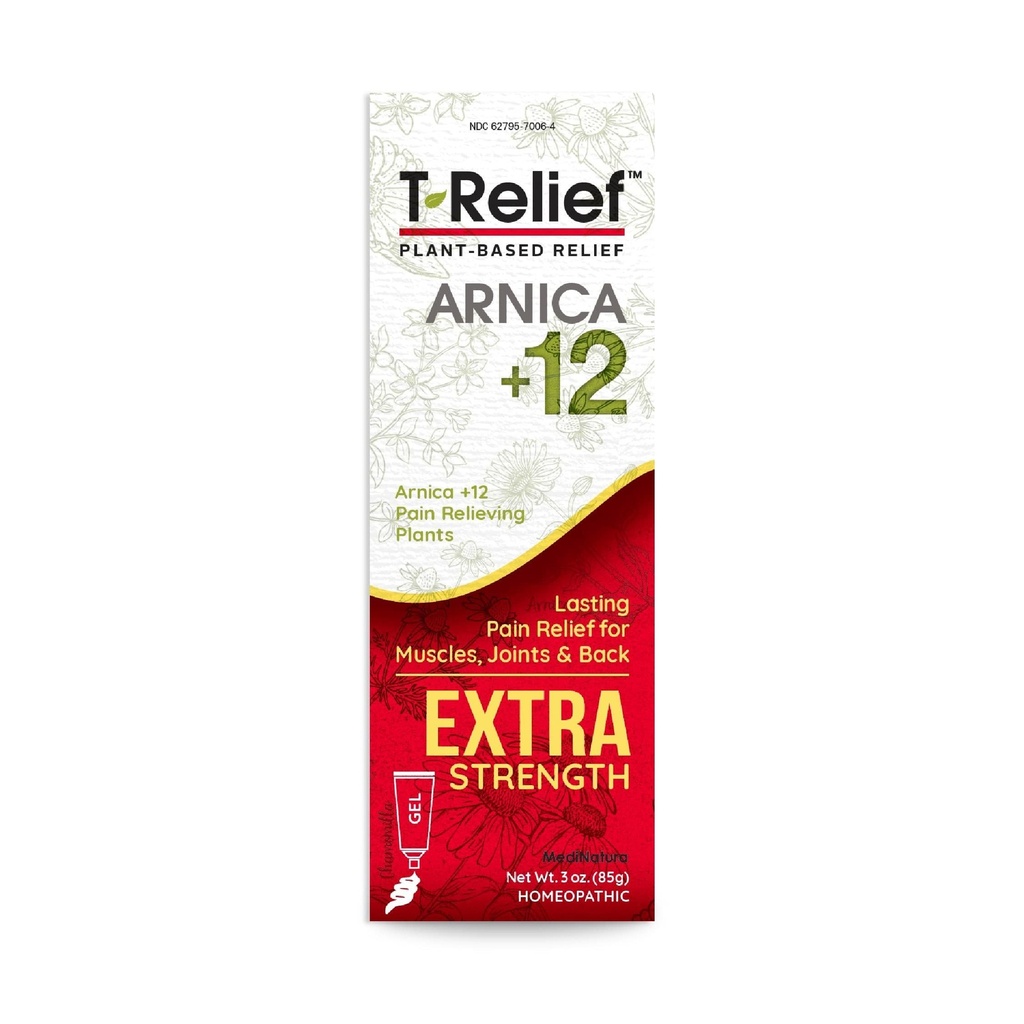 MediNatura T-Alívio Força extra Gel Arnica +12 Ativos de alívio natural para dor nas costas Dor muscular Dores e rigidez Todo o corpo Agindo rápido Alívio para mulheres e homens - 3 onças