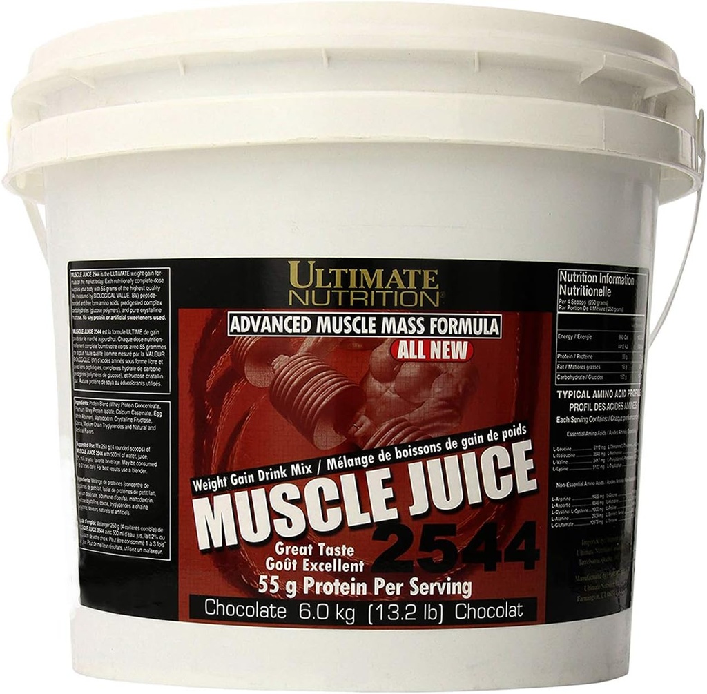 Ultimate Nutrition Muscle Juice, Weight Gain Drink Mix - Massa Gainer exercitar pó para homens e mulheres - Suplemento para crescimento muscular magro e apoio imunológico com 55g de proteína - Chocolate, 13.2lb
