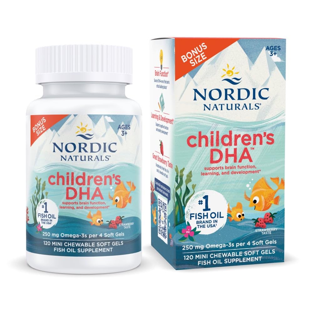 Naturals nórdicos DHA das crianças, morango - 120 Mini geles macios mastigáveis para crianças - 250 mg Omega-3 com EPA & DHA - Desenvolvimento do cérebro e função - Não-GMO - 30 Servings