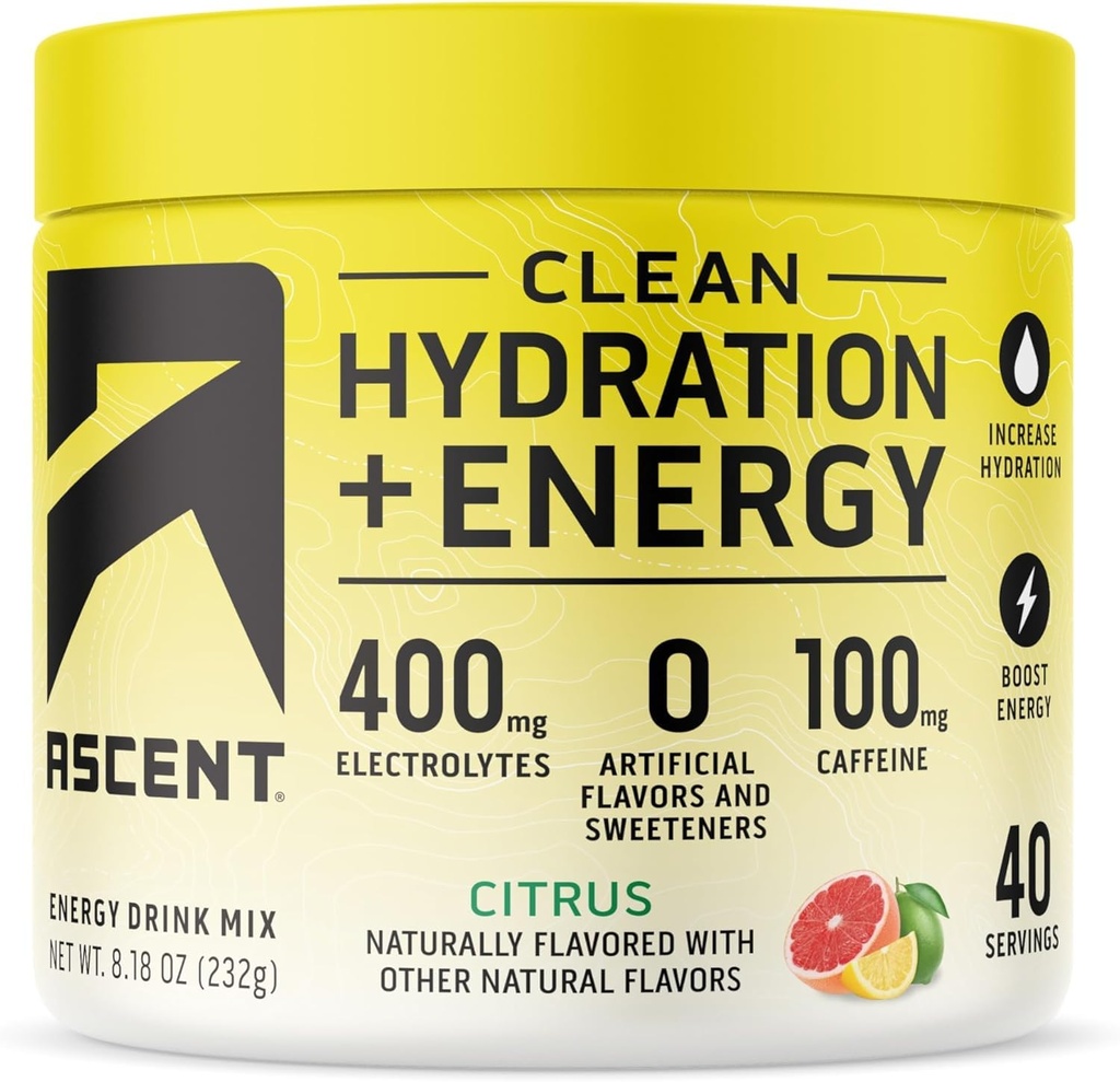 Hidratação limpa da subida + Eletrólitos de Energia Pó - 100mg Cafeína, Eletrolitos 400mg, Sem Ingredientes Artificiais, Citrus 40 Servings