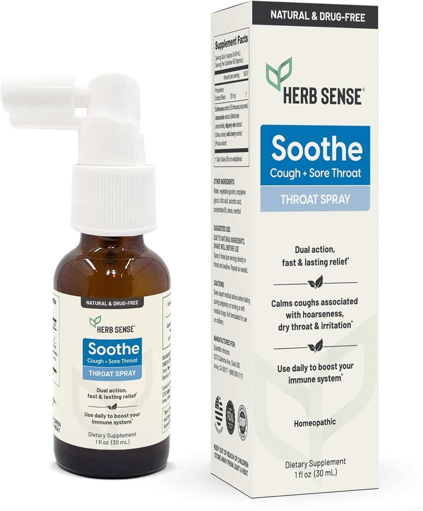 Herb Sense Garganta Comfort Spray - Refrigeração e calmação com Slippery Elm, Echinacea & Camomila