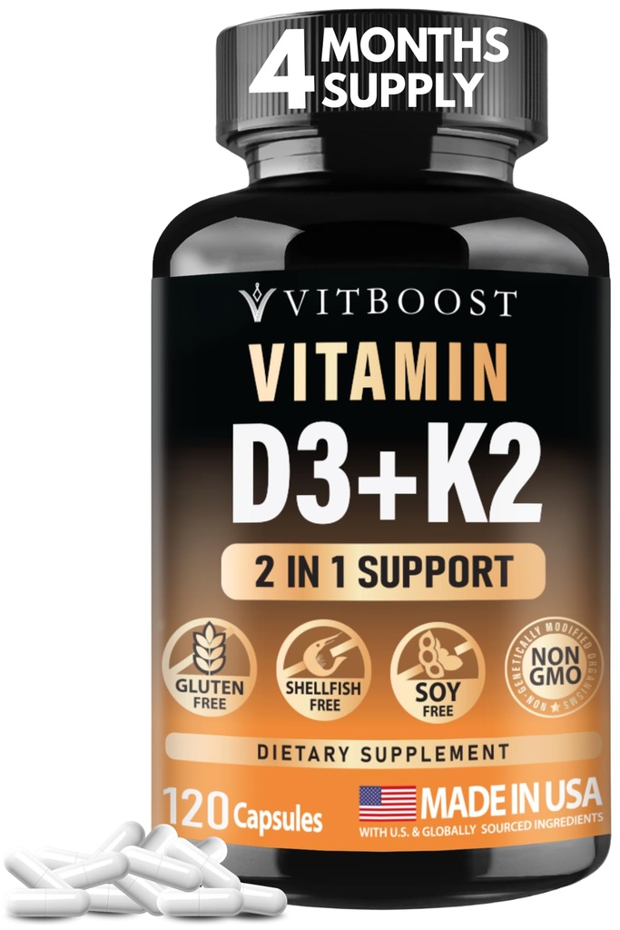 Complexo Vitamina D3 K2 - Fácil de Engolir - Vitamina D (D3) 5000 UI (125 mcg) e K2 (MK-7) 90 mcg □ Não-GMO - Sem Glúten □ EUA Made 120 Cápsulas