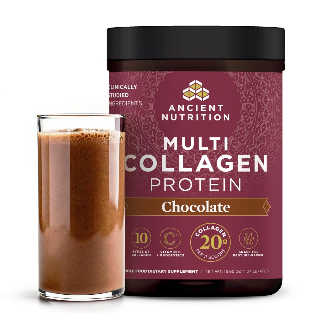 Nutrição antiga Hidrolisado Colágeno Peptídeos Pó com Probióticos, Chocolate Proteína Multi Colágeno para Mulheres e Homens com Vitamina C, 40 Servimentos, Suporta pele e unhas, Gut Saúde, 16.65 oz