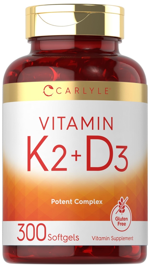 Carlyle Vitamina K2 D3 Suplemento .300 Softgels . 200mcg K2 MK7 e 10.000 UI D3 .