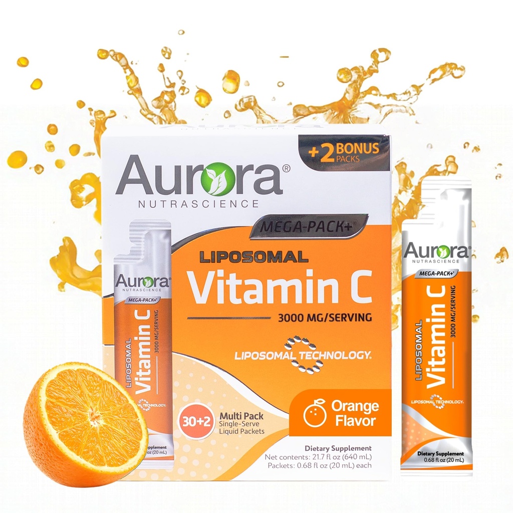 Aurora Nutrascience Liposomal Liquid Vitamina C - Suplemento de suporte imunológico saudável para adultos, Açúcar grátis, 3000 mg por serviço, Vegan, Sem glúten, Não-GMO - 32 Pacotes de serviço único, Laranja