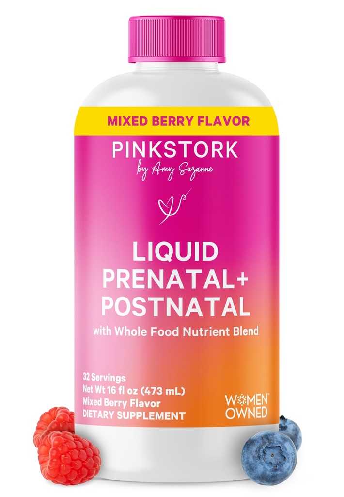 Cegonha rosa Vitaminas pré-natais líquidas para as mulheres - sabor Berry - mistura de alimentos orgânicos - fertilidade, gravidez, pós-parto Essentials - apoio de doença matinal - amamentação e lactação - 32 serviços