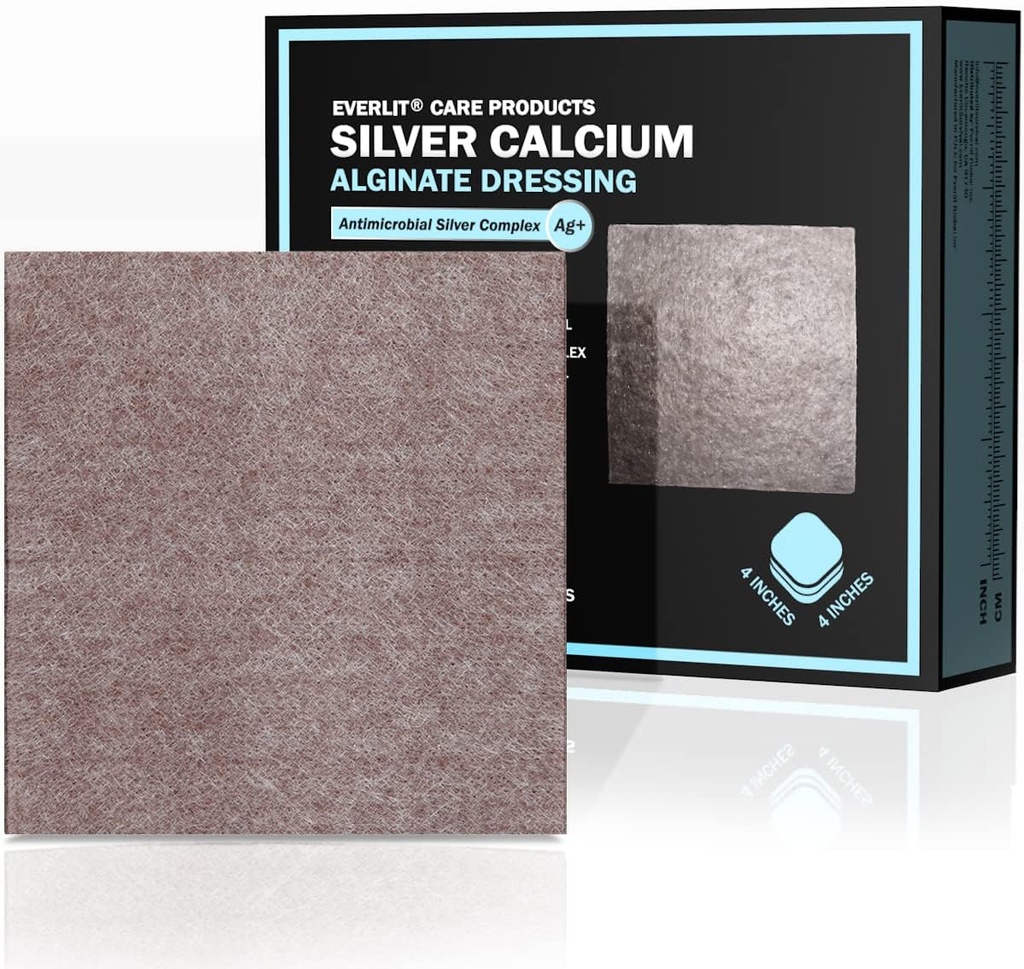 EVERLIT AG Silver Alginate Alginate Wound Dressing □ Absorvente Não Estéril Dressing Pad □ Gaze Hemostático Gentil com Fibra Gelling Natural para Cuidados de Feridas (4" x 4")
