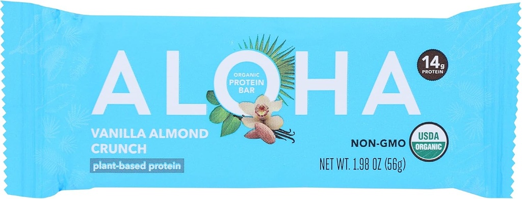 Aloha Organic Vanilla Almond Crunch Protein Bares, 14g de proteína baseada em plantas, USDA Certified Organic, Gluten Free & Non-GMO, 1.9 Oz (Pack of 12)