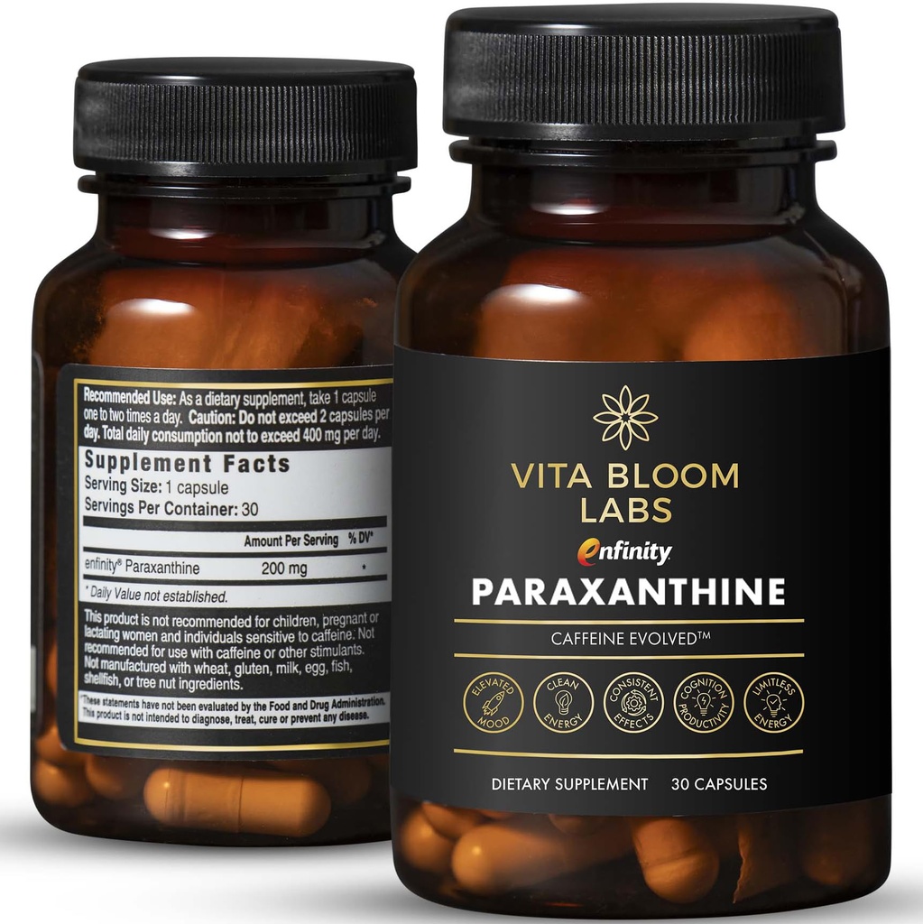 Cápsulas Enfinity Paraxantina, Clean Energy & Focus, Cafeína Alternativa 200 mg por cápsula 30 Cápsulas por frasco Formulado nos EUA, Certificado GMP, Não-GMO, Kosher