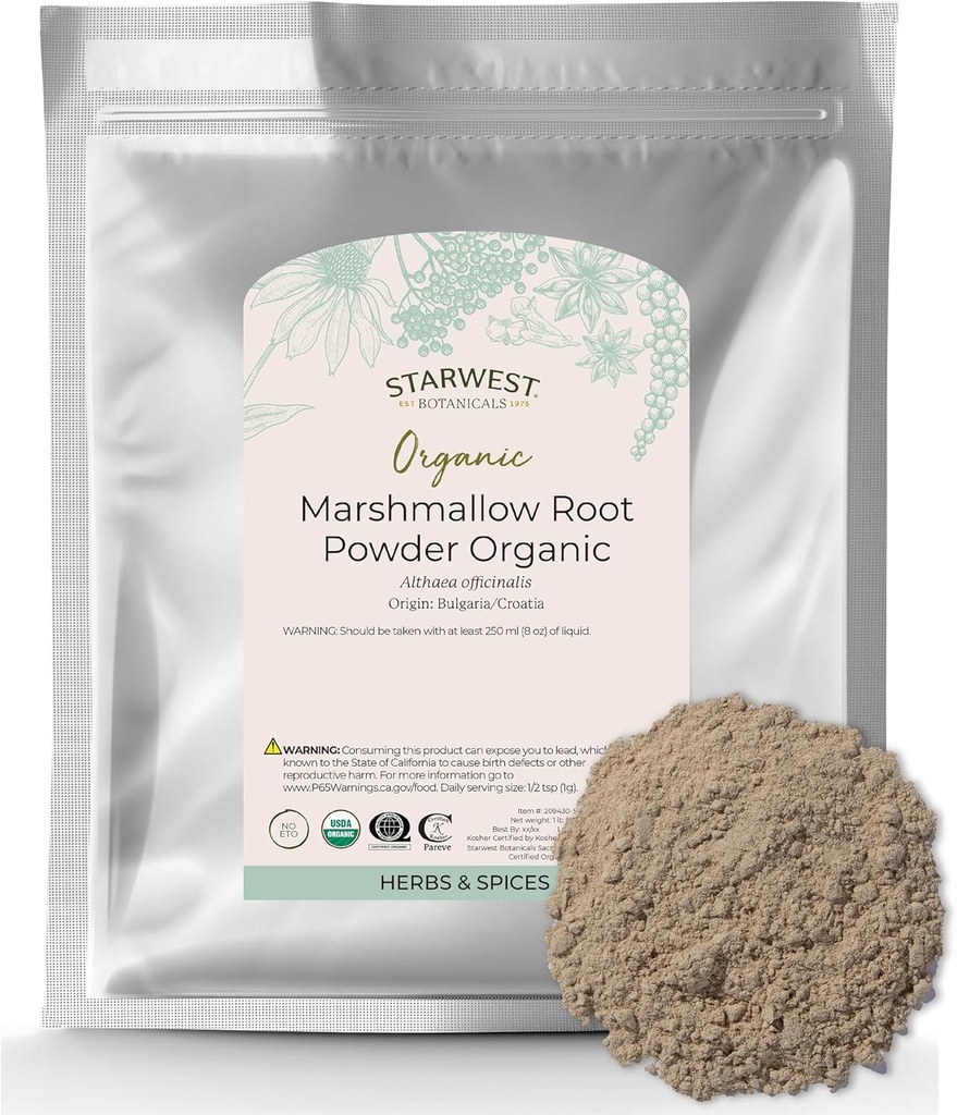 Starwest Botanicals Organic Marshmallow Root Powder - Erva seca para chá, Cápsulas, & Misturas de ervas, Kosher certificado, Non-GMO - Bulk 1 lb Bag
