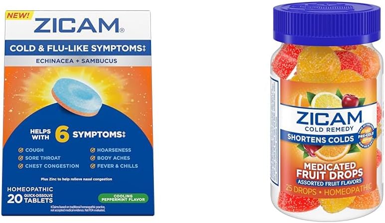 Zicam Cold & Flu 20 comprimidos gotas de frutas 25 contagem fria encurtamento medicamentos de zinco homeopático