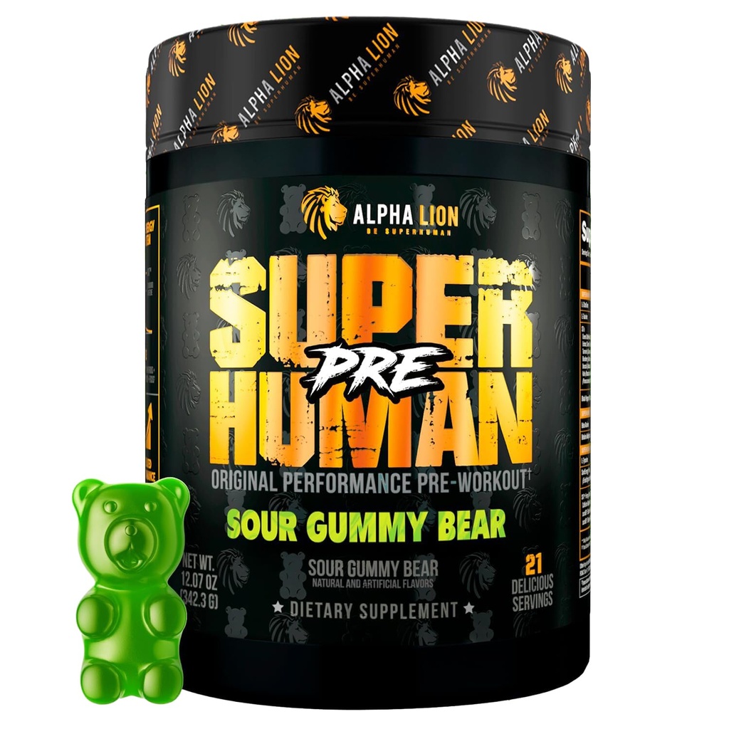 ALPHA LION Pó de pré-treino sobre-humano, Beta Alanine, L-Taurine e Cafeína Tri-Fonte para Energia e Foco Sustentados, Óxido Nitrico e Citrulina para Bomba (21 Servings, Sabor de Urso Gummy Azedo)