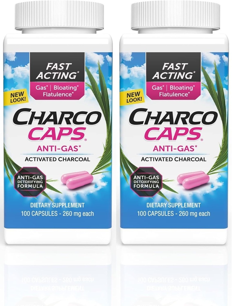 Charcocaps Ajuste de gás de ação rápida para Bloating & Flatulência, Desintoxicação livre de drogas Fórmula de carvão ativado, 100 cápsulas, fornecimento de 30 dias, Pink- Pack de 2