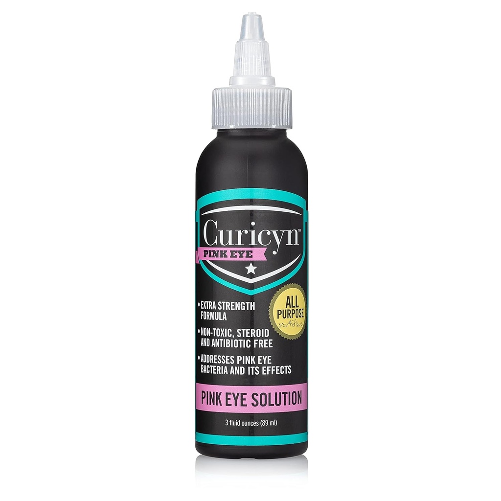 Curicyn Pink Eye Solution (3 onças), Dog Eye Drops, Conjuntivite Colírios para Cães, Gatos, Pecuária e Cavalos, Lavagem de Olho de Cão com Anolyte Purificado, Gotas de Olho de Cão Seguras e Acalmantes para Infecção