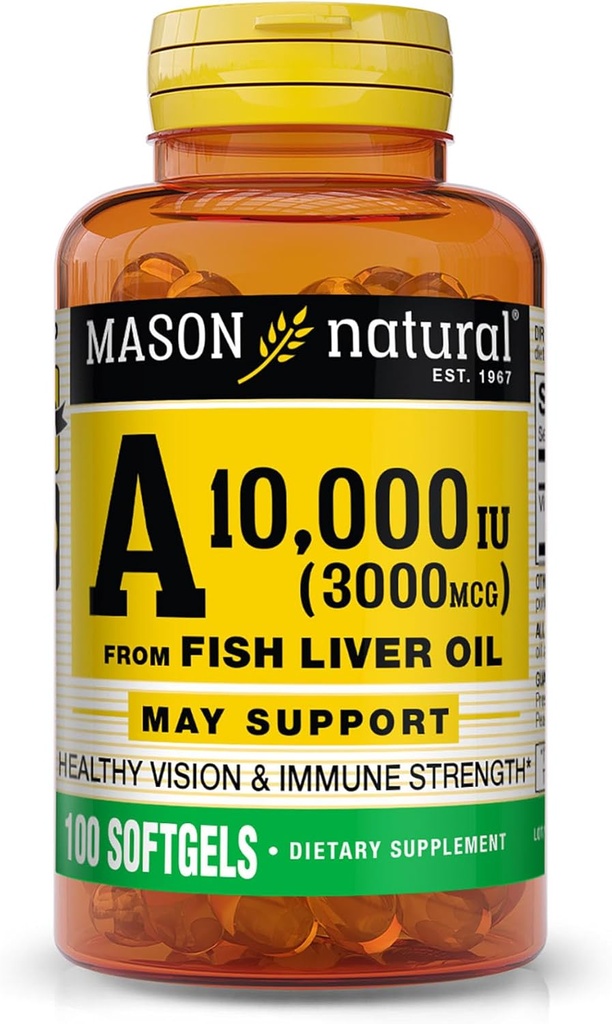 MASON NATURAL Vitamina A 3.000 mcg (10,000 UI) de óleo de fígado de peixe, Suporta Visão & Saúde Imune, 100 Softgels