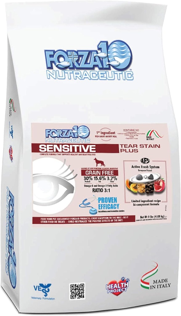 Forza10 Sensitive Tear Stain Grain Free Dry Dog Food, Healthy Dry Dog Food Formulado para reduzir o cão Tear Stain, Dog Eye Care e Tear Stain Remover (9 libras)