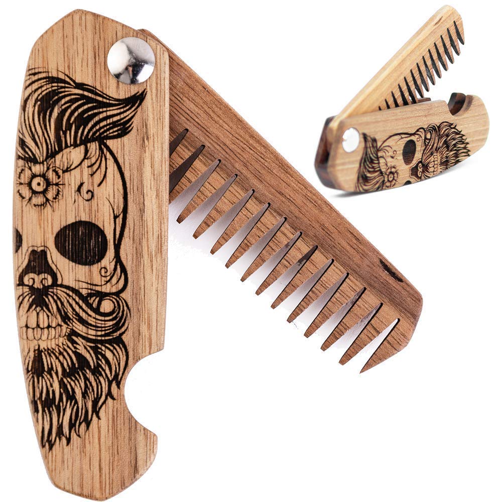 Desfrute do pente de barba de madeira para homens, Acessórios de barba de bolso dobrável para homens, Comb de madeira de noz gravado para bigode, barba e cabelo para ele (Meio crânio)