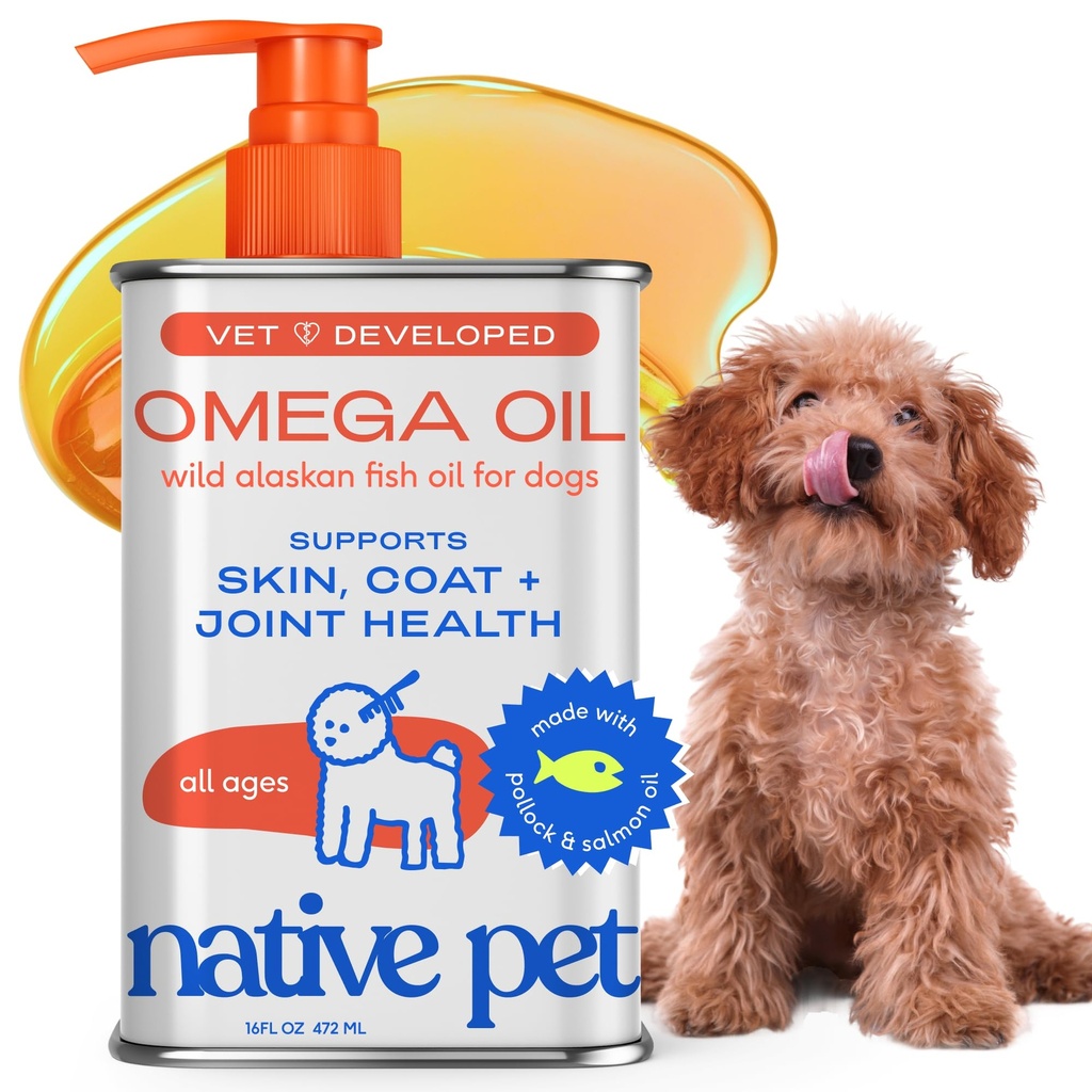 Animais de estimação nativos Omega 3 Óleo de peixe para cães e gatos - Promove a pele saudável, casaco brilhante, e articulações fortes - Feito com óleo de salmão selvagem Alasca para cães – Saboroso, rápida absorção Omega 3 6 9 Suplemento líquido-16oz