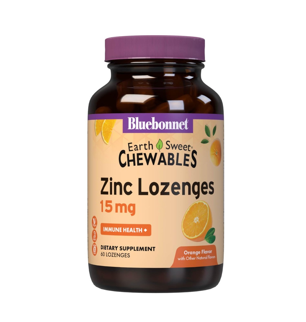 Bluebonnet Nutrição Lozenges de zinco doce da terra 15mg Mastigables, Mais 100mg de vitamina C, Sem soja, Sem glúten, Kosher certificado, Dairy-Free, Vegan, sabor laranja, 60 Lozenges