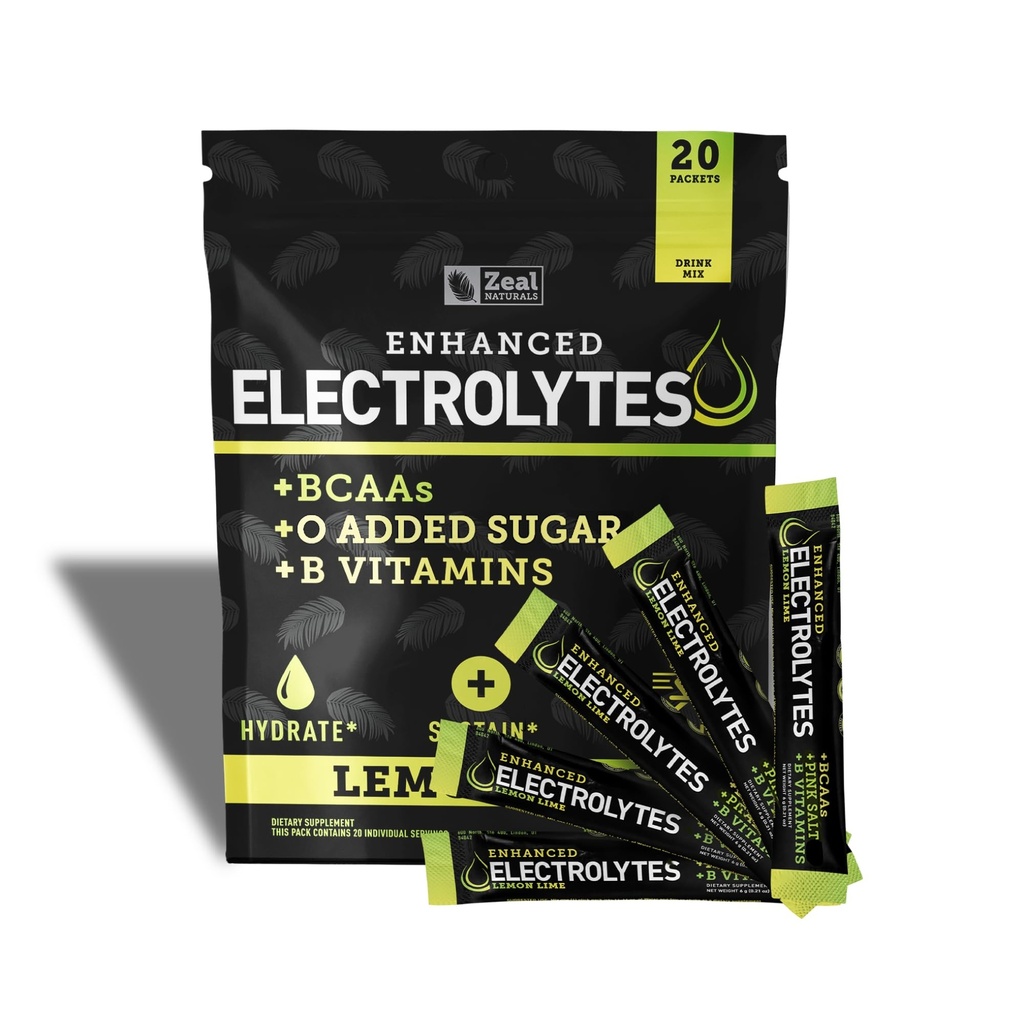 Eletrolítico Melhorado Pacotes de Vara de Pó (limão de limão 20 pacotes) w/ 0 Açúcar + BCAA + B- Vitaminas Suplemento de Eletrolito w Zinco de potássio e magnésio para Hidratação - Eletrolitos de Keto