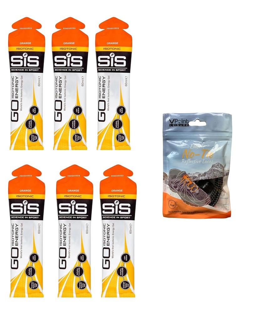 Science in Sport GO Isotonic Energy Gels - 6 x 60ml Embalagens em conjunto com elastic No-Tie Laces sapatos. Vegan, Lactose grátis, Sem glúten, Sem trigo, Sem nozes, Sem soja (laranja)
