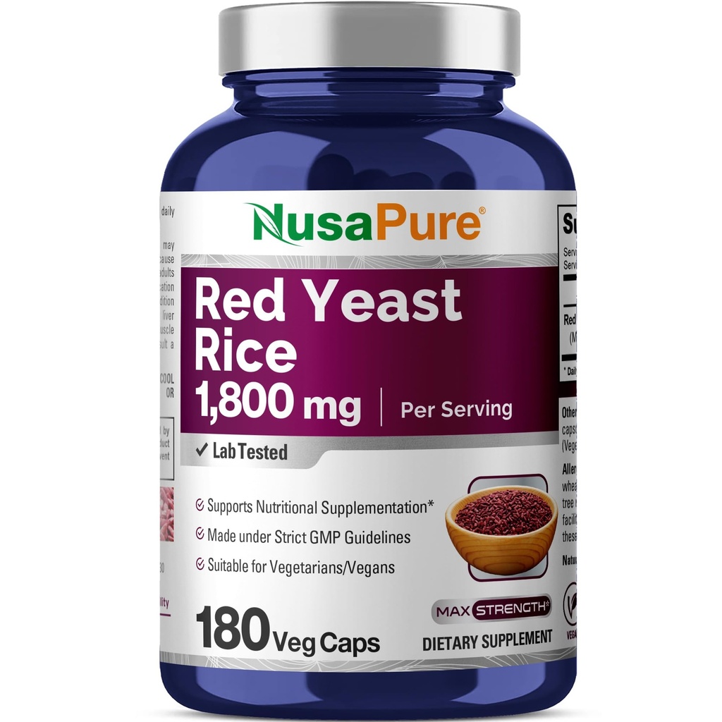 NusaPure Red Yeast Rice 1800mg 180 Cápsulas Veggie (Não-GMO, Vegan)