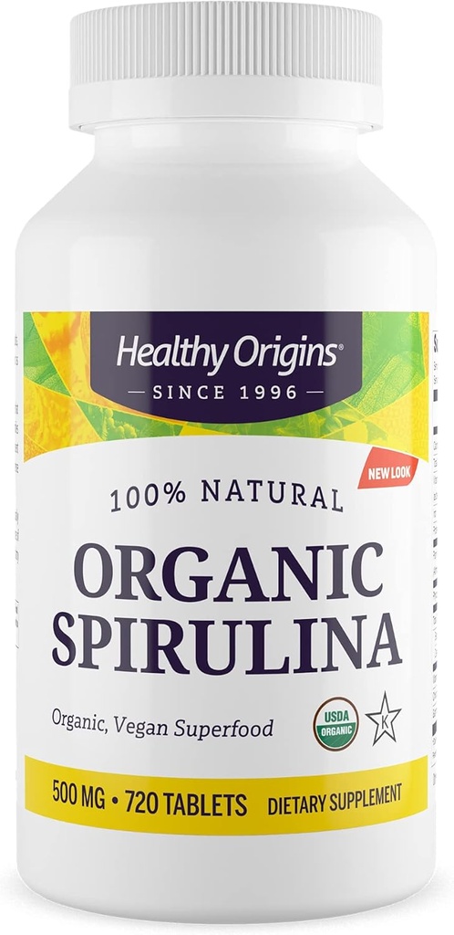 Origem saudável espirulina orgânica 500 Mg (Organic Certified, Kosher Certified, Natural, Non-GMO, Gluten Free, Vegan Superfood), 720 Comprimidos