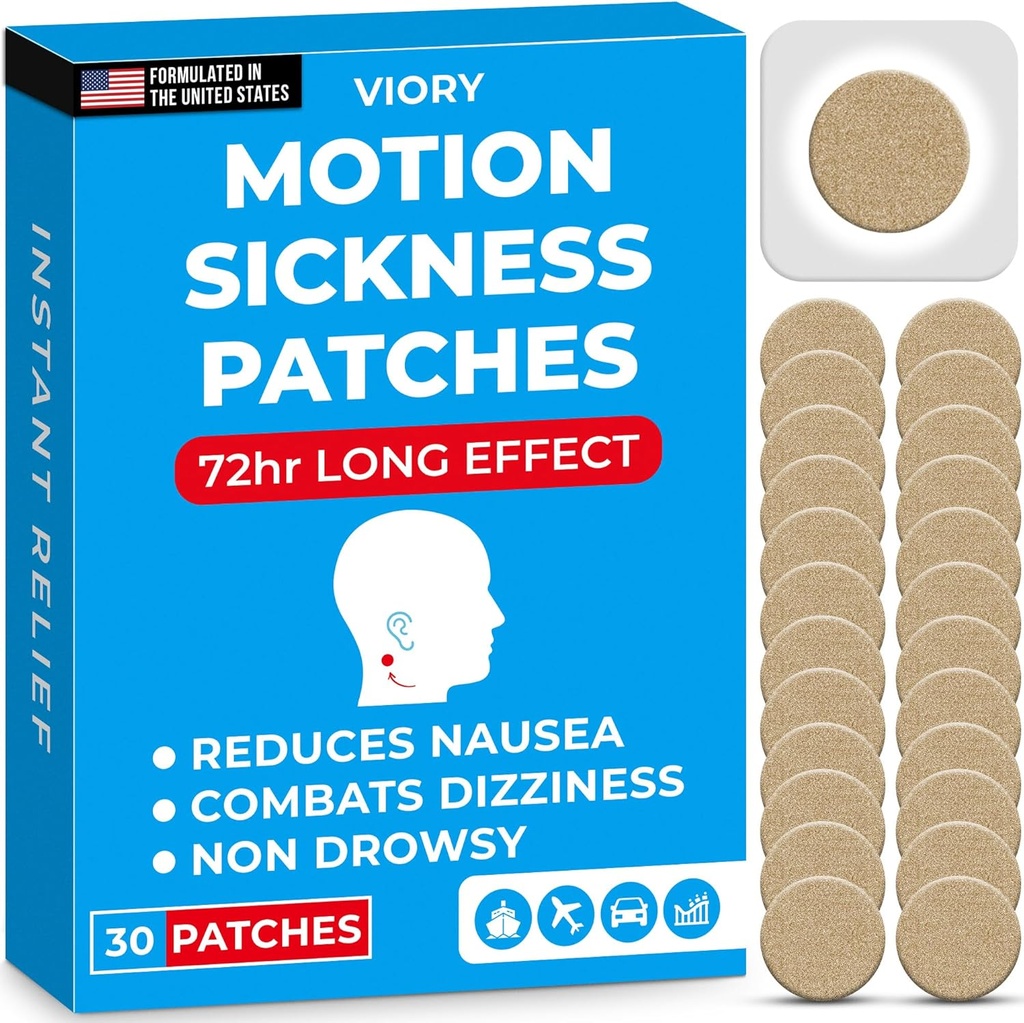 VIORY Motion Sickness Patches para Passeios de Carro e Barco, Navios, Cruzeiro e Avião e Outras Formas de Transporte - Viagens Essenciais, para Adultos e Crianças (30 Contagem)