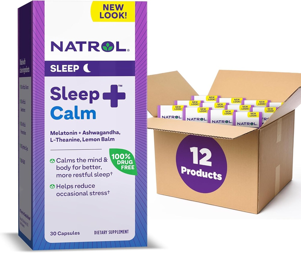 Natrol Sleep+ Melatonina calma 6mg Com Ashwagandha, L-Theanina e Limão Balm, Suplemento dietético para sono descansado e acalmar a mente, 30 cápsulas, 30 dias de fornecimento (Pacote de 12)