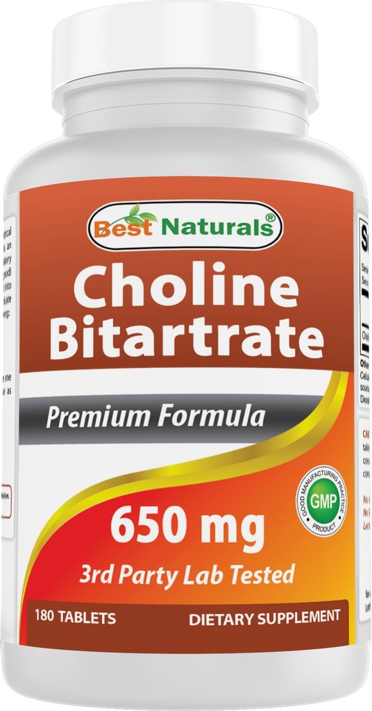Melhores naturais Bitartrato de colina 650 mg (não-GMO) para função cerebral cognitiva saudável 180 comprimidos