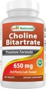 Melhores naturais Bitartrato de colina 650 mg (não-GMO) para função cerebral cognitiva saudável 180 comprimidos