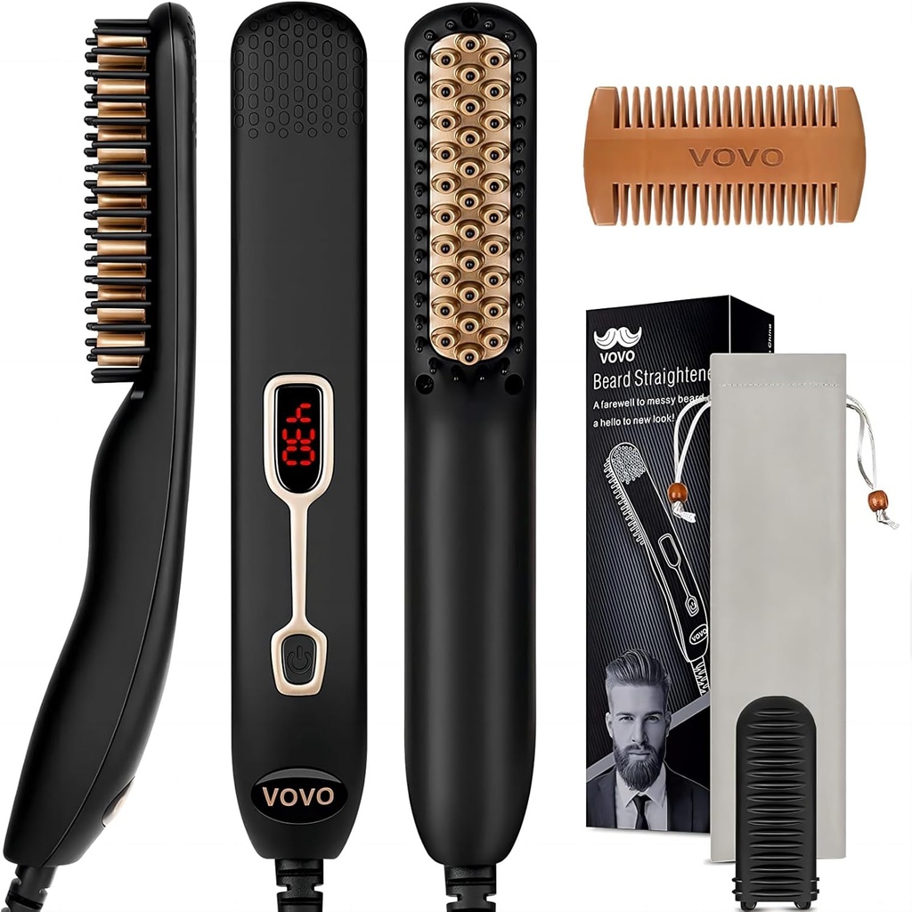 VOVO Barba Straightener Comb Upgrade Professional 2 em 1 Homem Barba Straightening Heated Hair Straightening Brush Portable Anti-Burn 6 Temperatura ajustável com display LED para casa e viagem