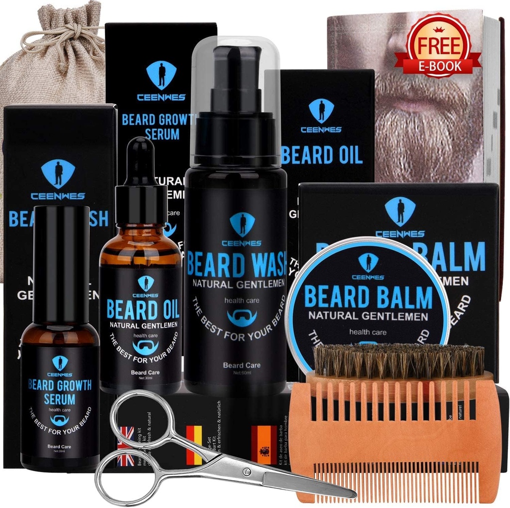 Kit de grooming de barba, Kit de beard com óleo de barba, Soro de crescimento de beard, Lavagem de beard, Balm de barba, Escova de barba, Comb de barba, Barba e Tesouras de bigode Kit de crescimento de beard Presentes exclusivos para homens
