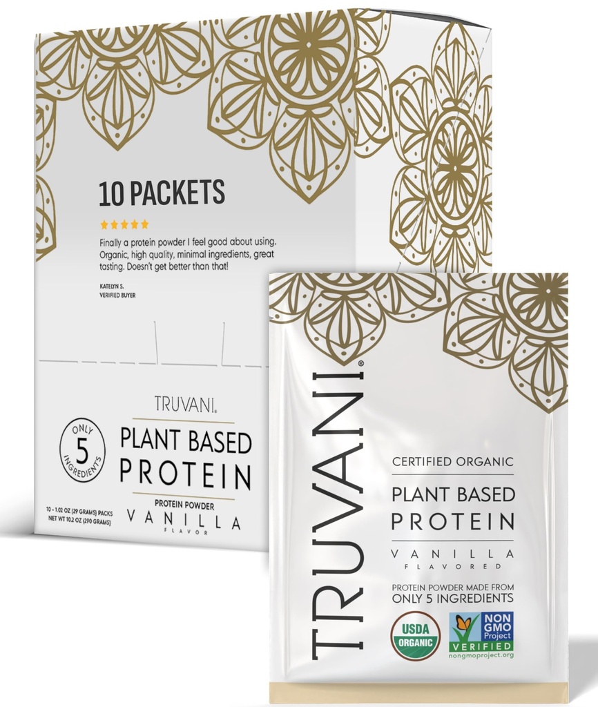 Truvani Vegan proteína de ervilha em pó ; Vanilla 20g Orgânica planta baseada proteína  ; única entrega Pacotes de viagem  ; 10 Servings ; Keto ; Gluten & Dairy livre  ; Baixo Carbo