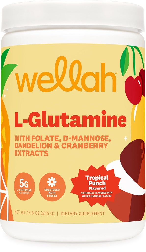 Wellah L-Glutamina Powder Tropical Punch (50 Servings) - 5g L-Glutamina por serviço, Adoçado com Stevia