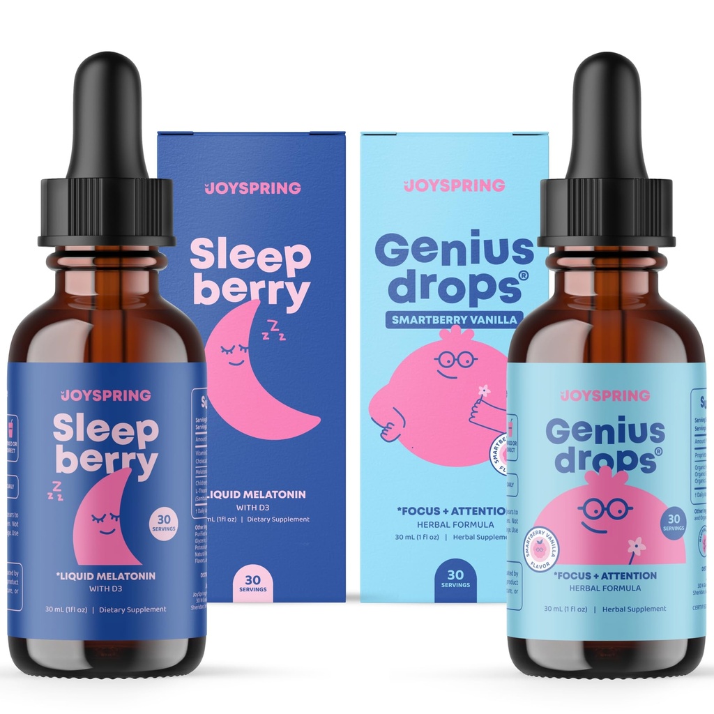 JoySpring SleepBerry Liquid Melatonina e Genius Drops Smartberry Vanilla para crianças