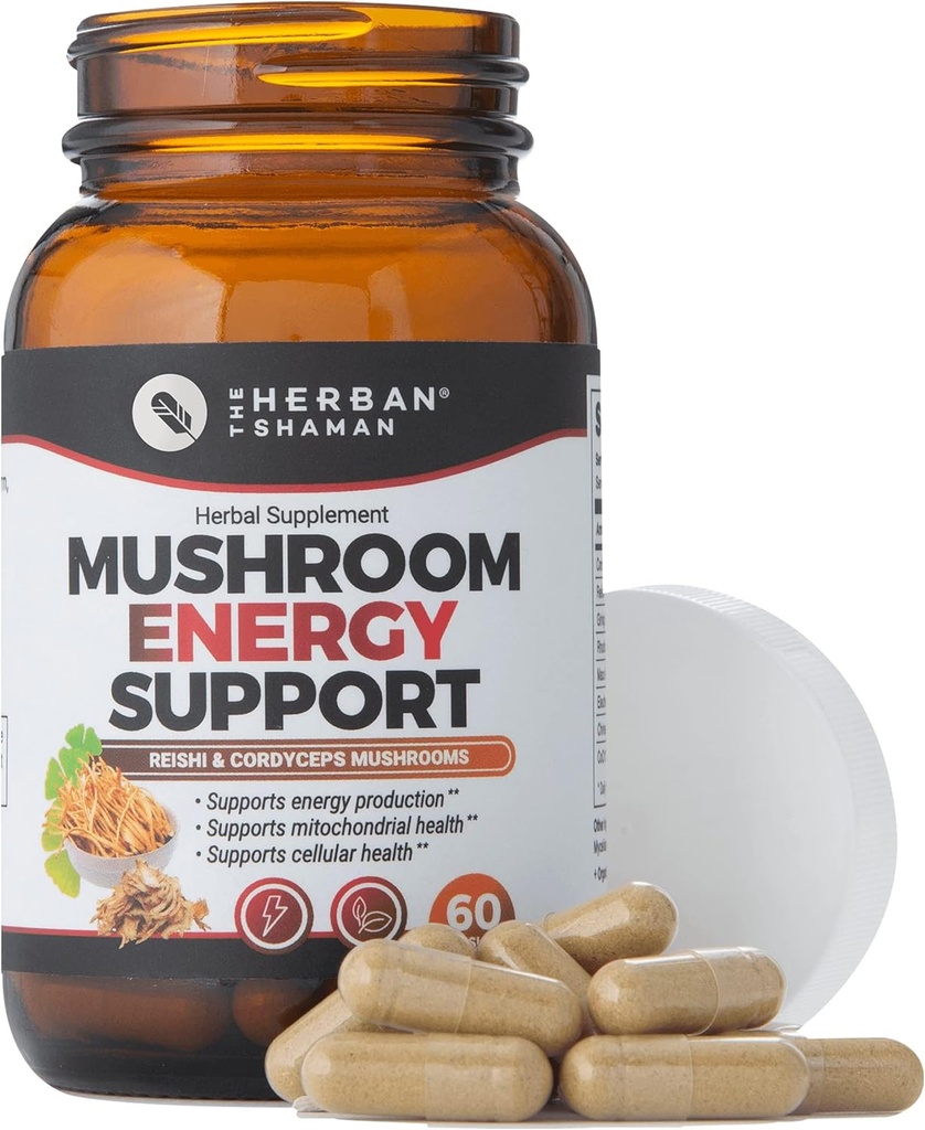 Suplemento de cogumelos Suporte Energético Cápsulas de ervas de cogumelos orgânicos com Reishi, Ginkgo, Rhodiola, Maca, Ginseng chinês, CoQ10 + Mais (60 Cápsulas)
