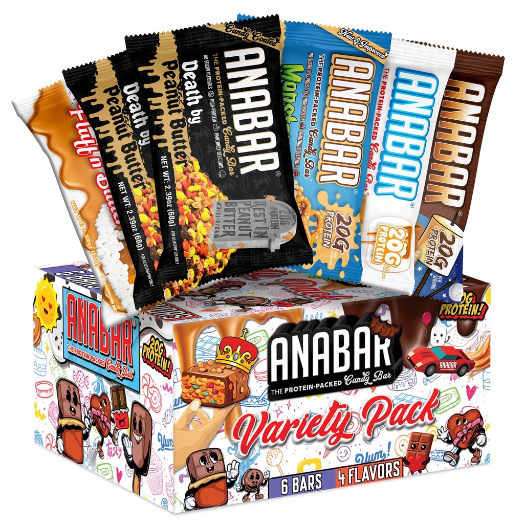 Anabar Protein Bar, The Sampler Pack, The Protein-Packed Candy Bar, Best Tasting Protein Bar do mundo, Sem Álcoois de açúcar, Alta proteína, incrivelmente delicioso, 20 gramas de proteína (6 barras, variedade original)