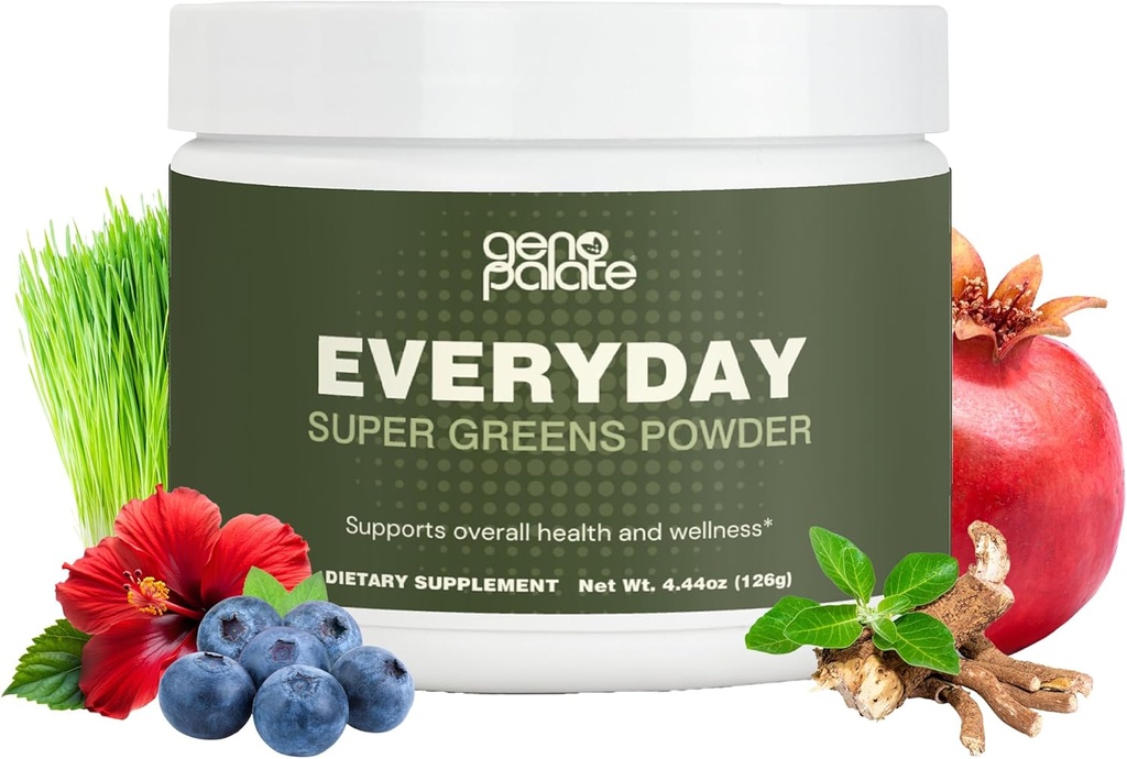 GenoPalate Everyday Super Verdes, Nutrientes com base em plantas com grama de cevada, espirulina, Açafrão & Probióticos, Suporta energia, Digestão, Antioxidantes & Stress, Vegan, Sem glúten, Não-GMO, 30 Servings